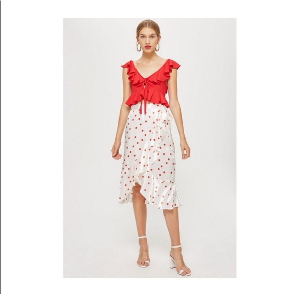 NWT Topshop Red & White Silk Wrap Skirt with Ruffle